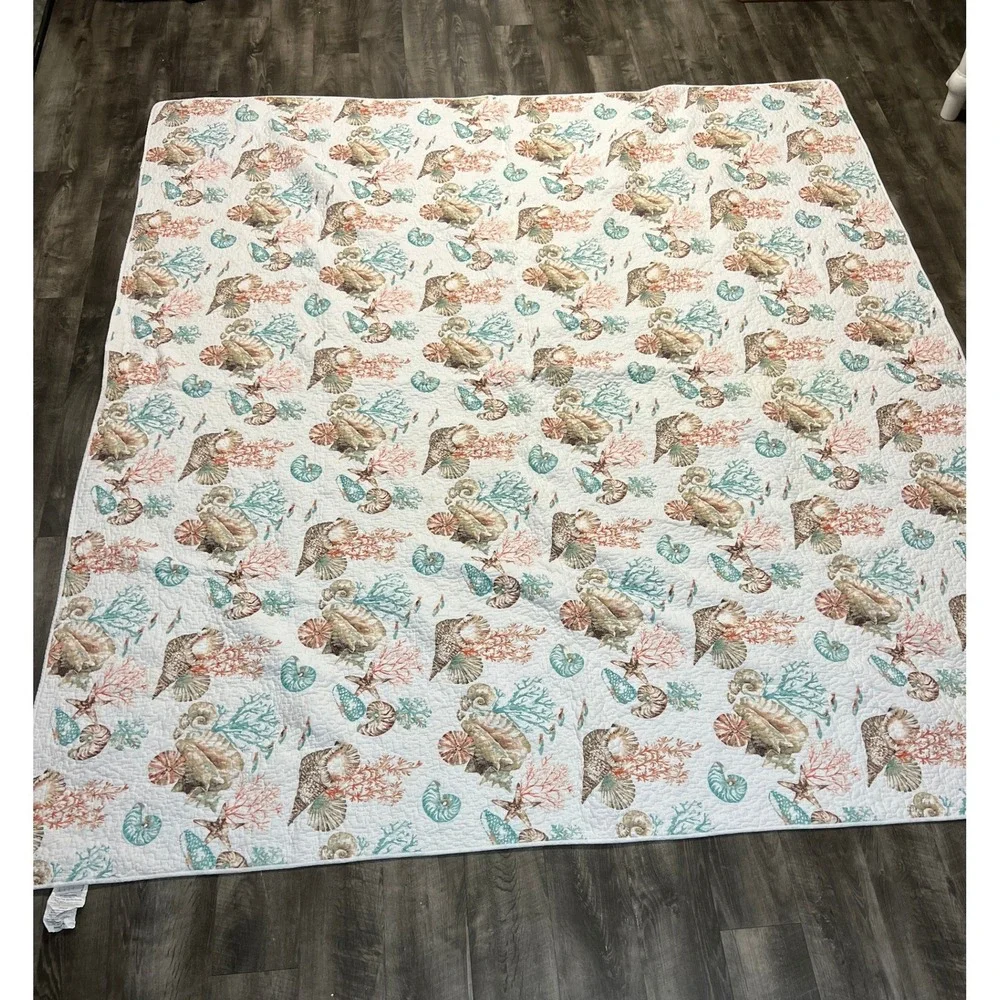Nicole Miller Quilt Set King Coastal Seashell Coral Starfish White Teal Orange